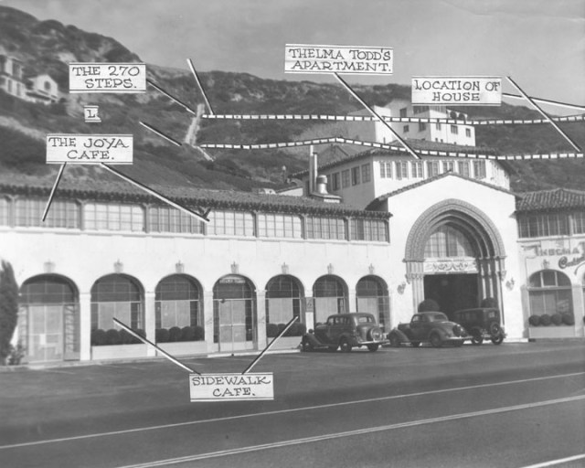 Labels have been added to this picture of the area where Thelma Todd lived and died. The 270 steps are the ones she supposedly walked up to get to the garage where she died..jpg